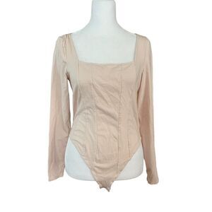 H&M Womens Medium Bodysuit Long Sleeve Square Neckline Nude Blush Top Stretch